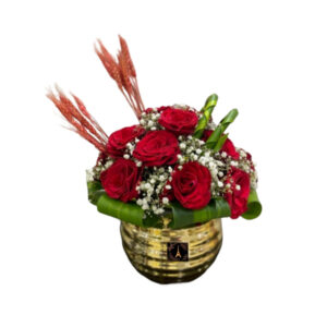 Red Roses with Gypsophila in Vase